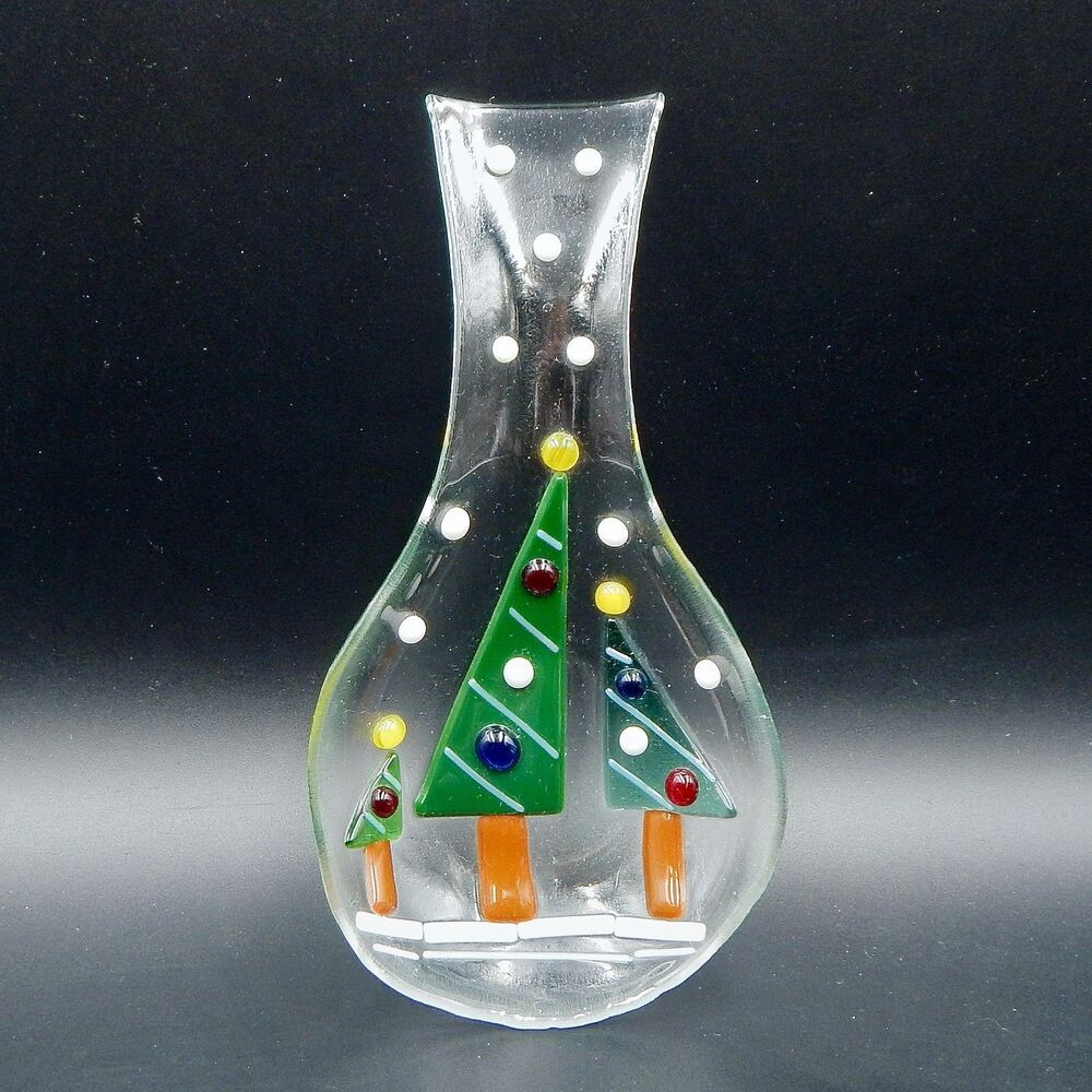 Fused Art Glass Christmas Tree Spoon Ladle Rest Holiday 9 Inches Clear